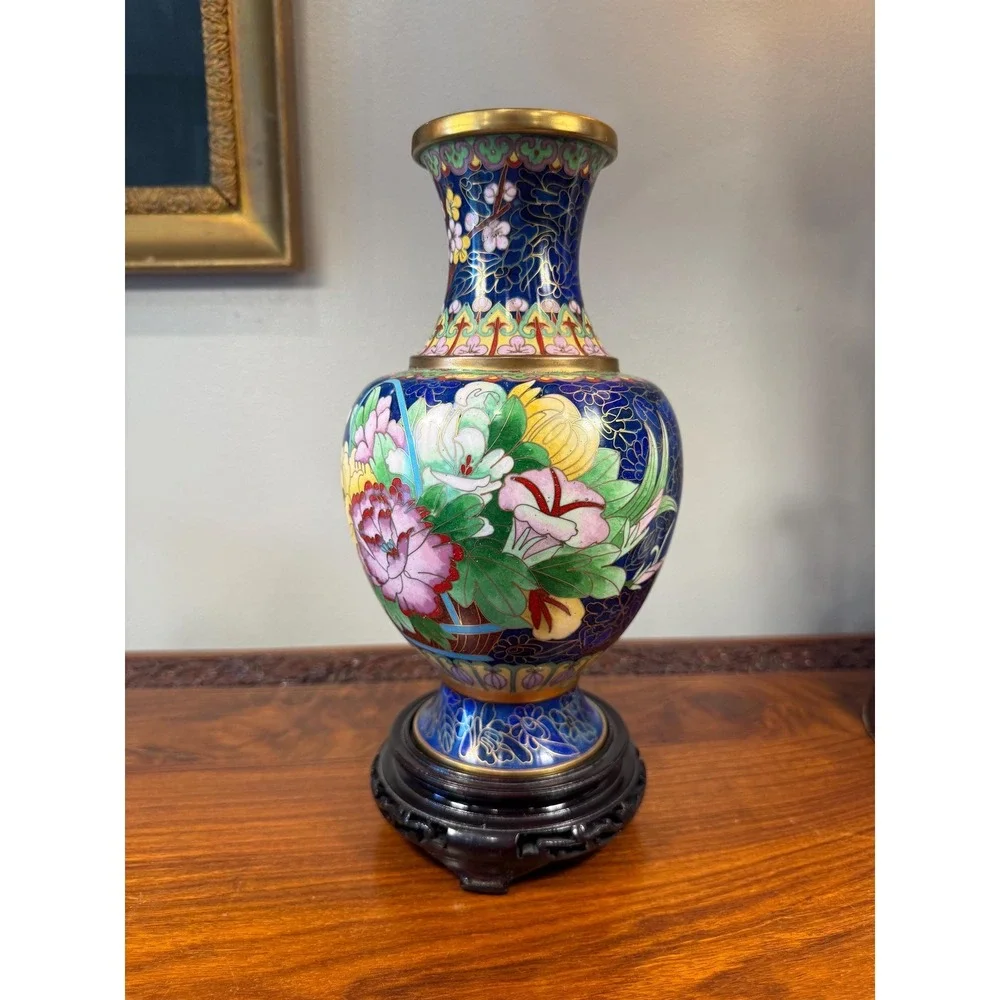 Vintage Cloisonné Vase with Carved Wood Stand